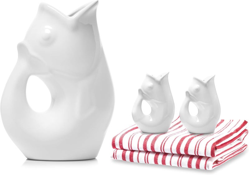 Gurgle Pot Fish Pitcher Combo Gift Set, Large 42oz Pitcher, Matching Salt & Pepper Shakers with Kitchen Towels. Decorative Pitcher That “Gurgles” When You Pour (Red Striped Towels) - Image 1